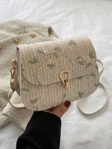 תיק אוכף קש רקום פרחוני, תיק מיני ארוג עם דש, ארנק נשים עם אבזם דקורטיבי (7.67 X 5.51 X 2.95) אינץ' ליום האהבה, פריטי חובה לחופשה, התאמה מושלמת לאביזרי חוף לנשים, תיקי חוף לוהטים לנשים, תיק אופנתי לחופשת קיץ, תיקי חוף לנשים לחופשה וחג - ריבוי צבעים - ראה 1