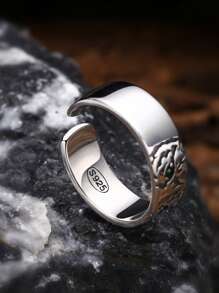 1pc 925 Sterling Silver Vintage Style Green Eye Tiger Head Zirconia Decor Open Ring, Suitable For Everyday Wear For Men