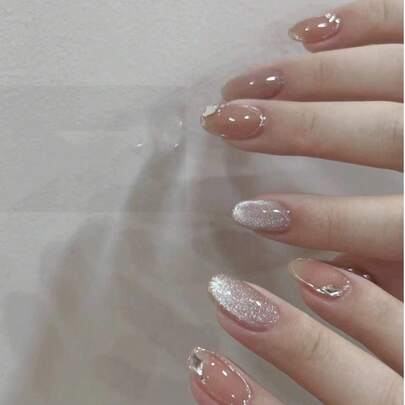 100% 手工制作闪光裸色猫眼指甲贴片按压式指甲椭圆形短指甲假指甲可重复使用美甲设计适用于家庭日常使用和派对美甲产品美甲用品指甲