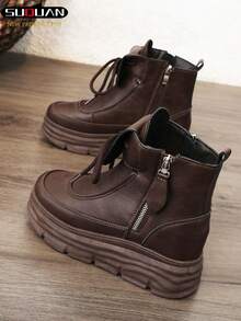 1 Pair Women's High Top Casual Sports Ankle Boots, Korean Fashion Design, 2025 New Leather Short Boots, Thick Sole Adds 5cm Height - Brown - View 13