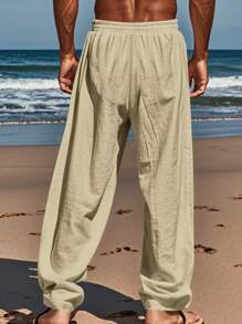 Pantaloni casual in lino bianco a gamba ampia, vestibilità morbida, adatti per primavera/autunno e estate