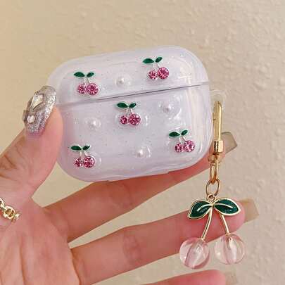 Pink Cherry Pattern Resin Coated Wireless Bluetooth Earphone Premium Case Compatible With Apple 4/3/Pro/Pro2 Shockproof Bluetooth Earphone Protector Spring Birthday Gift