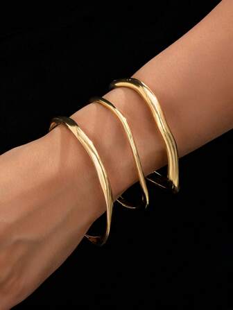 3pcs Minimalist Asymmetrical Circle Metal Stackable Bangle Bracelet Set For Women, Elegant Fashion Accessories Suitable For Commute, Ball, Party, Family Gathering, Daily Dates
