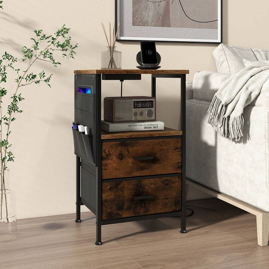 GOFLAME Nightstand With Charging Station, Industrial Bedside Table With 2 Drawers & 6 Side Pockets, Versatile End Table With USB Ports And AC Outlets For Bedroom, Living  Room, Rustic Brown