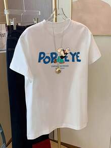 Camiseta de manga corta de longitud media con estampado de dibujos animados para mujer, camiseta gráfica elegante de verano casual blanca - Blanco - Ver 2