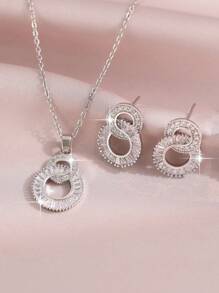 1 Conjunto/3 Peças Elegante Conjunto de Joias Geométricas Brancas Redondas com Pingente de Número Cúbico de Zircônia, Brincos e Colar para Mulheres, Presente de Noivado, Casamento e Festa