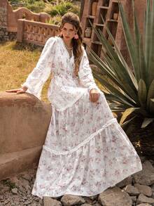 Faeriesty Vestido casual con estilo bohemio y floral con mangas de encaje con volantes y escote en V - Estampado de flores, mangas anchas para picnics de fin de semana, paseos casuales y tardes acogedoras