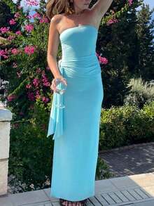 Women Y2k Strapless Tube Dress Bodycon Maxi Dress Solid Color/Floral Print Tie Up Waist Sexy Long Dress For Cocktail Dress Beach Party Summer Vacation Dresses Streetwear - 藍色 - 查看 3