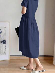Women's Summer Midi Linen Dress Short Sleeve Round Neck Solid Color Beach Dress With 2 Pockets,Summer Dresses For Women,Holidays Dress - Màu xanh hải quân - Xem 5