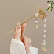 1 Peça Presilha de Cabelo Retrô com Borlas, Acessório de Cabelo Elegante Decorado com Pérolas e Cristais, Garra de Coque de Alta Qualidade para Mulheres e Meninas, Clipe de Coque Estilo Chinês Hanfu, Fixador de Coque, Ornamento de Cabelo de Liga, Pino de Cabelo, Formador de Coque, Peça de Cabelo, Presilhas para Arrumação de Cabelo
