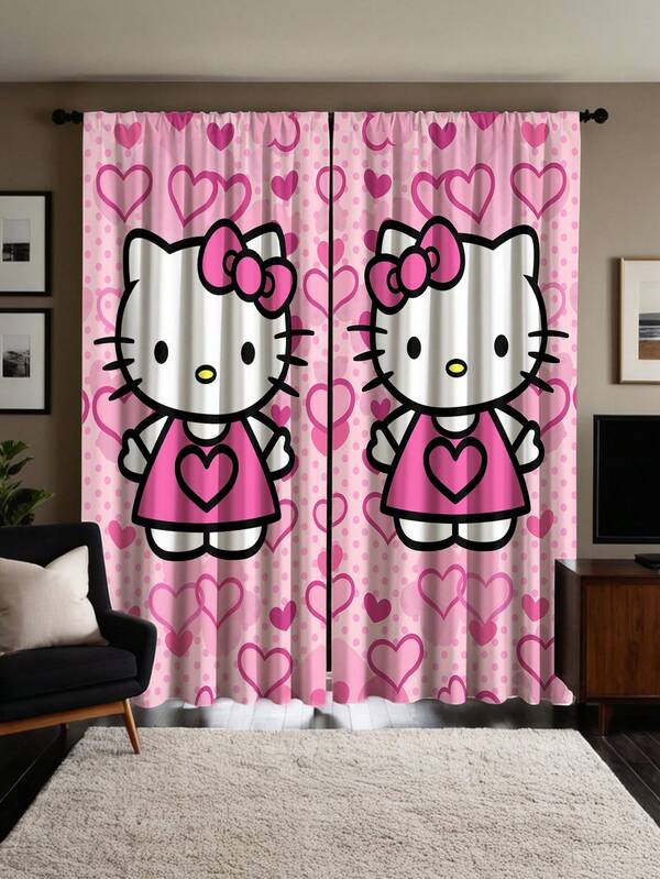 Sanrio 2pcs Sanrio Hello Kitty Semi-Sheer Curtains - Adorable Pink Heart Dress Design, Washable, Light Filtering, Suitable For Bedroom And Living Room Decor