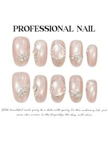 10pcs Summer Sweet Sparkling Diamond Glass Bead Cat's Eye Handmade Acrylic Press On Nails, Simple Cute Short Oval Fake Nails, Full Coverage French Tip Nails With Jelly Glue And Nail File, DIY Nail Art Supplies