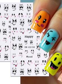 2 Cartoon Cute And Rich Facial Expression Nail Art Stickers - Black, White, Red, Pink Smile, Mischievous, Angry, Intoxicated Expression Art Design, 3D Flat Technology, Suitable For Women's Disposable Self-Adhesive Nail Art Stickers, Cartoon Cute Theme Style, Easy To Stick Nail Decoration Stickers
