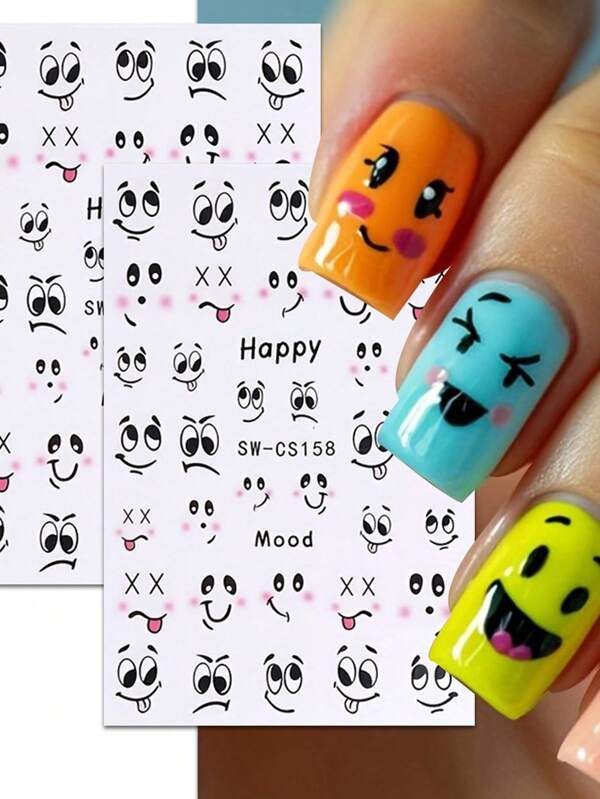 2 Cartoon Cute And Rich Facial Expression Nail Art Stickers - Black, White, Red, Pink Smile, Mischievous, Angry, Intoxicated Expression Art Design, 3D Flat Technology, Suitable For Women's Disposable Self-Adhesive Nail Art Stickers, Cartoon Cute Theme Style, Easy To Stick Nail Decoration Stickers