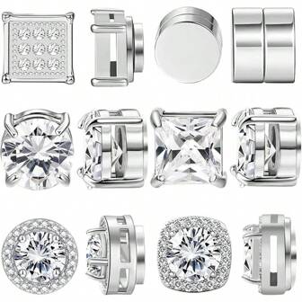 NEWITIN 6 Pairs Stainless Steel Magnetic Stud Earrings Men Clip On Earring Magnetic Earring Unisex Non Piercing CZ Magnet Studs Earrings Women Men