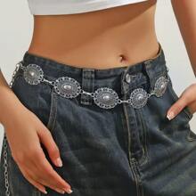 1 Stück Große Größen XXL Westlicher Stil Vintage Blumen Gravierte Gürtel, Schwarze strukturierte Metallkette Taillengürtel Accessoire, passend zu Western Jeans, geeignet für Strand, Urlaub, Versammlungen, Party