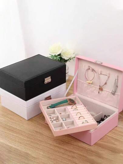 1 pieza Caja de joyería portátil de piel sintética PU, Estuche de almacenamiento de joyas/maquillaje antioxidante, Caja de exhibición de joyas de varias capas, Caja de regalo, Tapa abatible, Gran capacidad, Caja de joyería compacta para viajes y uso doméstico para mujeres, Organizador de almacenamiento, Artículos esenciales de viaje, Regreso a la escuela, Almacenamiento de dormitorio, Decoración de otoño