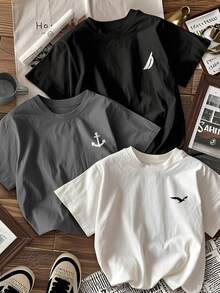 3pcs Tween Boys Students Casual Printed Round Neck Short Sleeve T-Shirts, Summer Tops - Black - View 6