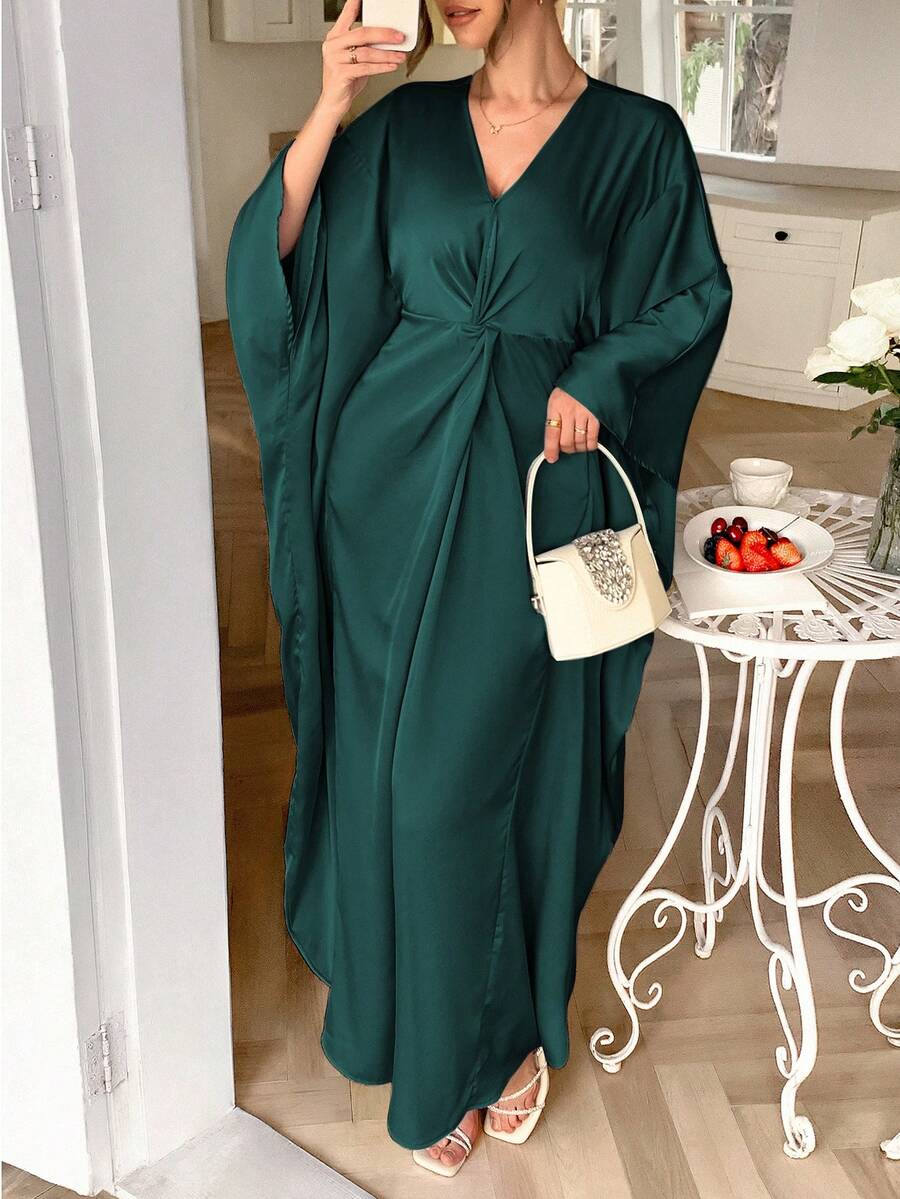 Unadoll Women's Solid Color Elegant Cinched Waist Soft Satin Loose Twist Batwing Sleeve Maxi Dress, Suitable For Beach Vacation, Music Festival And Back To School Season - Dark Green - View 1