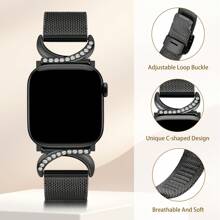 Pulseira fina de aço inoxidável compatível com 38 mm, 40 mm, 41 mm, 42 mm, 44 mm, 45 mm, 46 mm e 49 mm - Pulseira de metal feminina com fecho em formato C e strass, elegante, leve e confortável - sem necessidade de ferramentas, design ajustável - serve para séries 1-10/SE/Ultra - pulsos de 5,5-8,5 polegadas (140-215 mm) - acessórios de pulseira de reposição premium