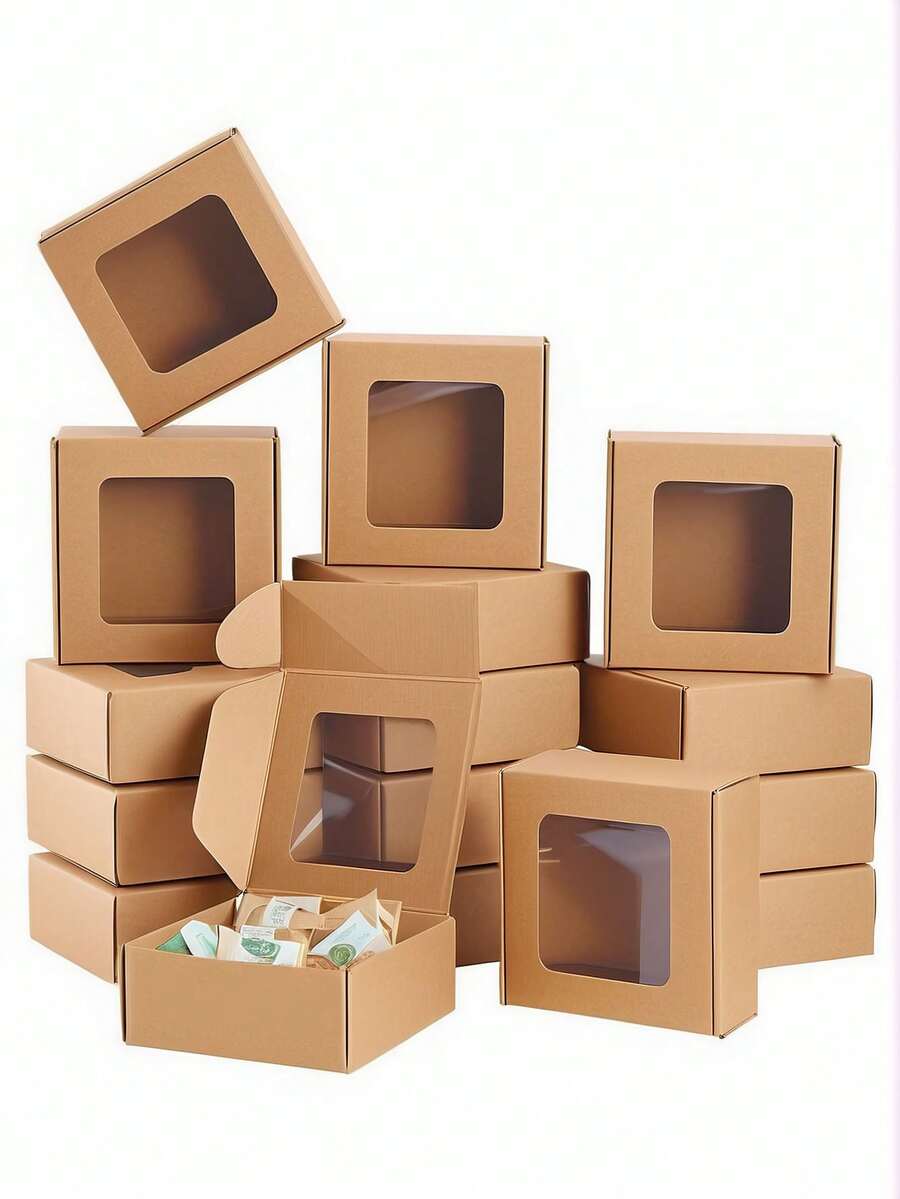 20/10/5pcs/1pc Brown Kraft Paper Boxes With Clear Window, 3.3 X 2.3 X 1.1 Inches (Approx. 8.9 X 5.9 X 3.9 Cm) Gift Packaging Boxes, Suitable For Baking Cookies, Cakes, Candies, Weddings, Parties, Gifts