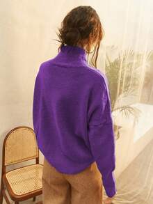 Knit Mix 女士高领宽松针织毛衣，适合秋冬季节，加厚长袖套头衫，复古风格，时尚百搭，适合圣诞节、新年、情人节、开学季等场合。 - 紫色 - 查看 11