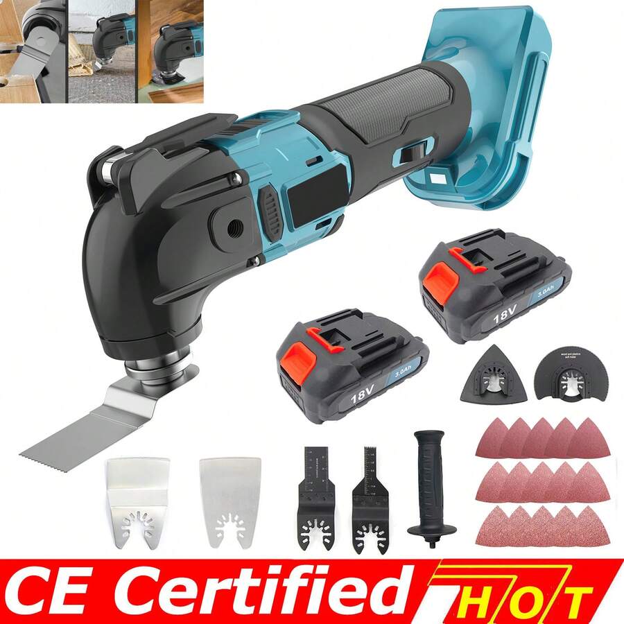 IKUNQUAN Herramienta multifunción inalámbrica, repuesto para Makita, con 2 baterías de 3000mAh, 21 accesorios, velocidad variable y ángulo de oscilación de 4°, motor de cepillo de 18V, oscilante para cortar y remover.