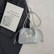 Borsa a tracolla da donna alla moda, con coulisse e farfalla, stile retrò 2025, stile elegante, stile celebrità, stile retrò moderno, stile casual, stile semplice, posto di lavoro, ufficio, appuntamenti, viaggio, vacanza, shopping, festa, cena.