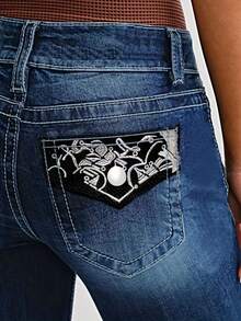 Women's High - Waisted Flared Blue Denim Jeans | Stretch, Embroidered Decorative Back Pocket, Body - Hugging, Retro - Inspired, Versatile - Dark Wash - View 6