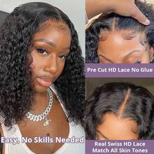 Curly Wigs Human Hair 13x4 HD Deep Wave Lace Front Wigs Human Hair Pre Plucked 12 Inch Bob Wig Human Hair Short Curly Glueless Wigs For  Women Natural Hairline 250% Density Bob Wigs - Natural Black - 查看 3