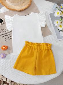 年轻女孩时尚休闲纯色刺绣花卉蝴蝶结圆领盖袖上衣，松紧腰纯色针织短裤，适合日常、居家、户外、街头、运动、可爱、度假、夏季