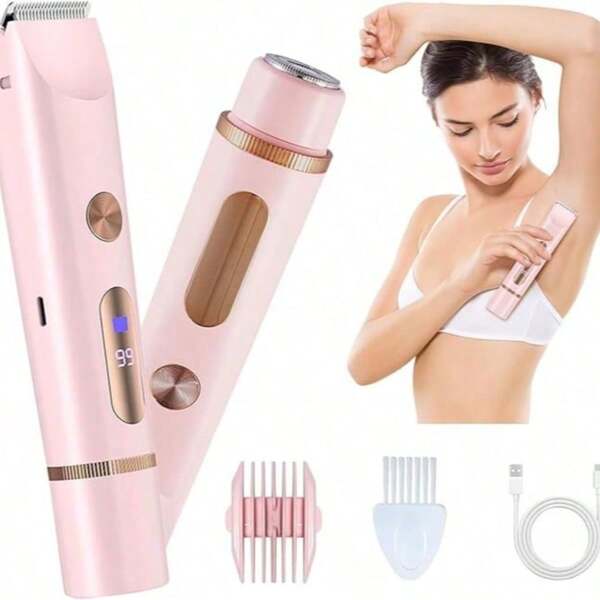 Taglia-bikini per donna aggiornato al 2025 - Rifinitore a 2 in 1 con display LCD, rasoio elettrico cordless a doppia testina, tagliacapelli impermeabile IPX7 per uso bagnato/asciutto per viso, corpo e zone intime