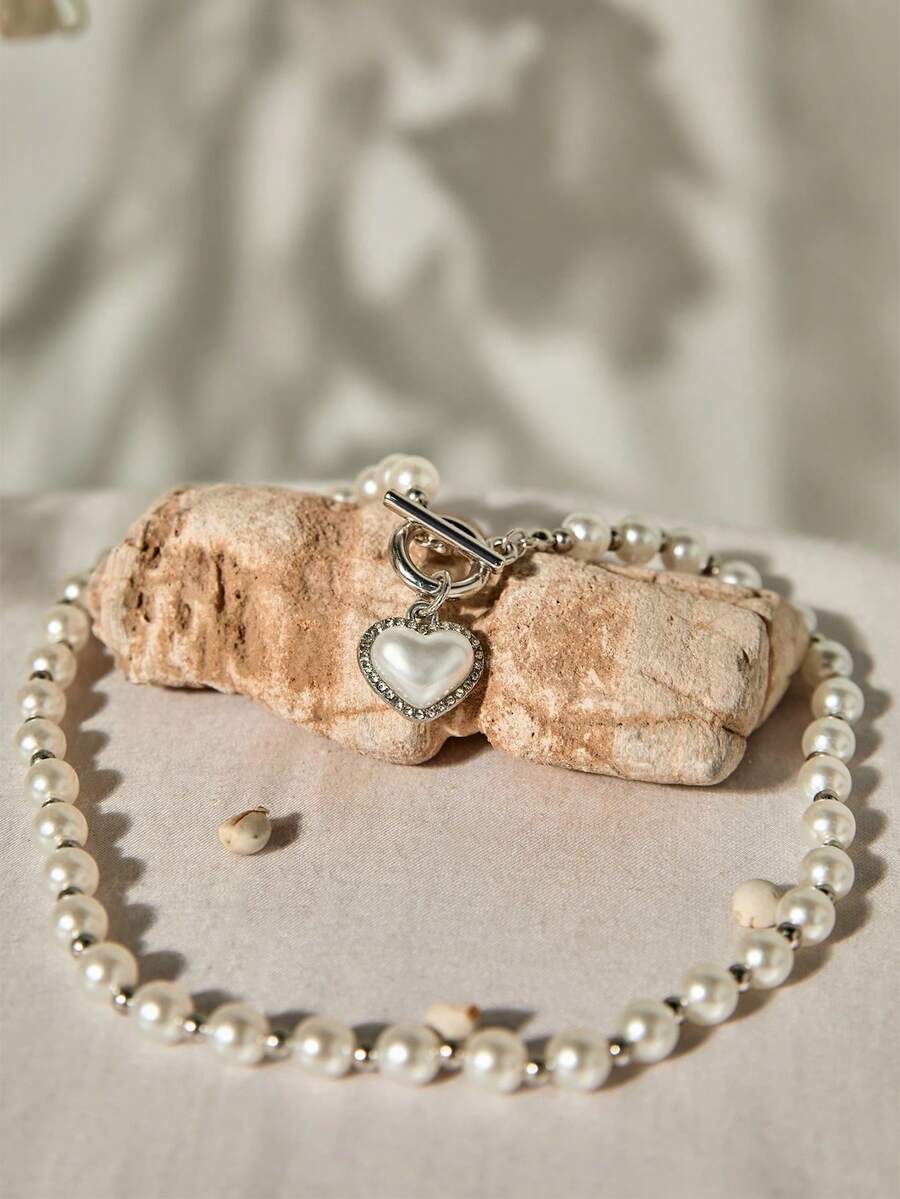 1pc Elegant Faux Pearl Beaded Heart Charm OT Buckle Necklace For Ladies For Daily Decoration Valentines Winter Gifts - Silver - View 1