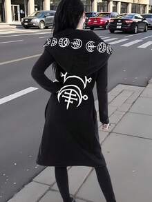 Cárdigan Con Capucha Para Mujer Con Patrón De Brujería, Estilo Gótico, Mangas Largas Con Capucha,Gótico Diablo Con Capucha,Fiesta Sudaderas de Mujer - Negro - Ver 3