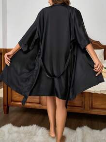 1 pieza Bata de baño corta de unicolor y elegante con cinturón para mujer, para otoño/invierno, camisón de satén y seda suave y sexy, adecuado para novia, dama de honor, con cinturón a la cintura, para uso doméstico, vacaciones