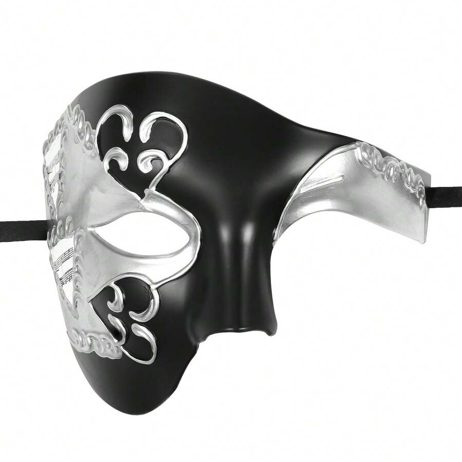 JEWELRYWE Vintage Italian Venetian Phantom Of The Opera Half Face Mask, Men's Masquerade Mask, Halloween Mardi Gras Mask, Holiday Party Decoration - 黑銀 - 查看 1
