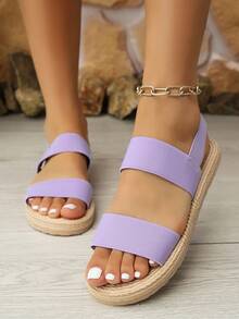 Summer New Fashionable Women Comfortable Lightweight Faux Linen Rope Bottom Elastic Band Slip-On Flat Sandals - Purple - View 3