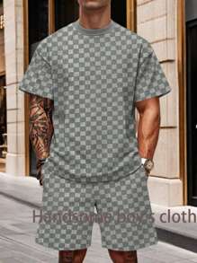 Summer Lazy Style Half-Sleeved Pullover T-Shirt And Straight Shorts Suit Fashion Plaid Loose Soft And Comfortable Men's Clothing All Over Print Summer Loose Contrast Binding  Pocket