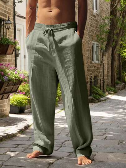 Pantalones casuales sueltos de mezcla de lino verde con bolsillos para hombres, para primavera/otoño/verano
