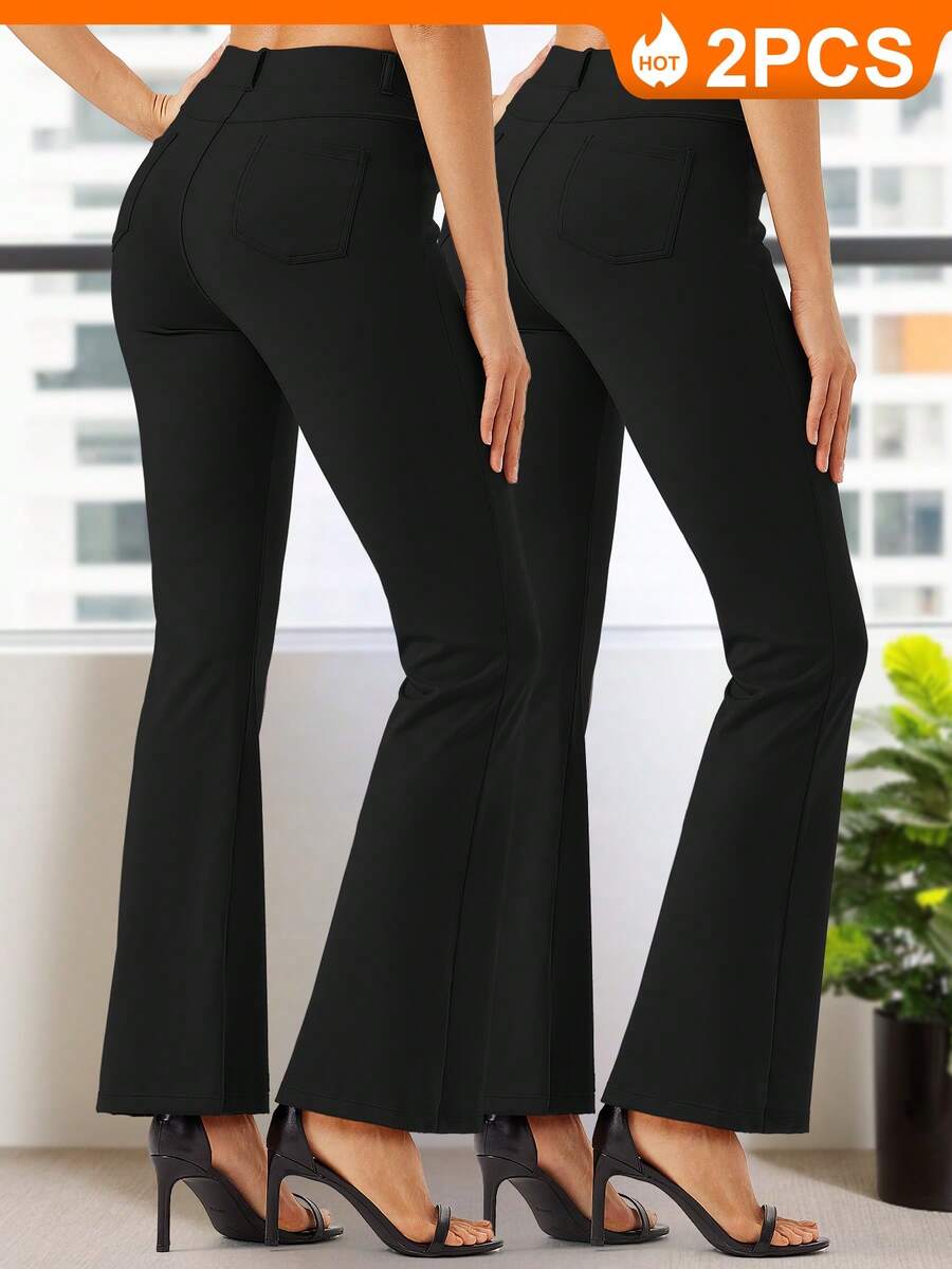 2 Pack 30'' Women's Yoga Dress Pants Bootcut Work Slacks Stretch Office With Belt Loops 4 Pockets - đen đen - Xem 1