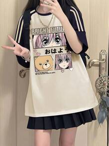 Camiseta de manga corta para adolescentes con estampado de anime "Futuro brillante", de tela suave tipo teddy para uso diario cómodo