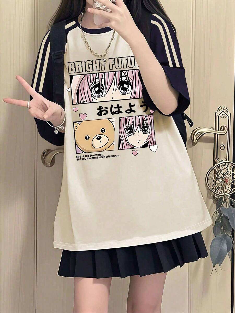 Camiseta de manga corta para adolescentes con estampado de anime "Futuro brillante", de tela suave tipo teddy para uso diario cómodo