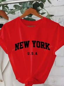 T-shirt con scollo a ciurillo con stampa di lettere, modello casual e ampio, a maniche corte, per l'estate, adatta per donna