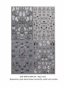 4 Pieces Of Bohemian Style Dark Flower Butterfly Relief Nail Art Stickers For Spring And Summer - Black, White, Blue, Pink Flowers, Vines, Leaves, Butterflies, Hearts, Bow Art Design, 5d Relief Craft, Suitable For Women's Disposable Self-Adhesive Back Adhesive Nail Art Stickers, Bohemian Style Dark Flower Theme Style, Easy To Stick Nail Decoration Stickers