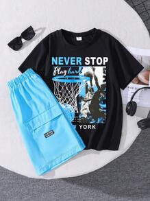 Tween Boys Letter Print Short Sleeve T-Shirt And Letter Embroidered Woven Shorts Set