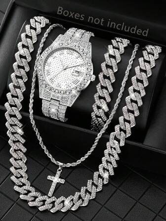 Set de 4 piezas de reloj de hombre de aleación de plata, conjunto de reloj de cuarzo con esfera de escala digital, pulsera y collar, adecuado para combinación diaria de ropa o como regalo de vacaciones