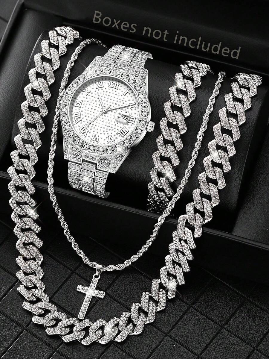 4PCS Silver Alloy Strap Men's Watch Set Business Fashion Classic Digital Scale Dial Quartz Watch Bracelet Necklace Set Suitable For Daily Clothing Matching Or Holiday Gifts - Silver - View 1