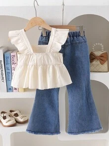 复古花卉荷叶边纹理面料女童吊带背心和时尚牛仔喇叭裤，带蝴蝶结装饰套装，舒适 - 彩色 - 查看 2