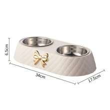 Stainless Steel Double Bowl Pet Dog Food Bowl, Cute Bow Design Cat Feeding Bowl, Dual Use For Food And Water