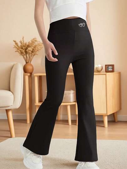 Svarta utsvängda byxor med hjärtmönster för flickor, eleganta yogaleggings med hög stretch, långa casualbyxor för barn